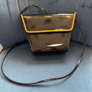 Vintage The Furst Collection Black Patent Leather Mini Crossbody Bag Yellow Trim